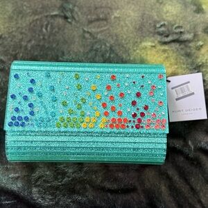 Kurt Geiger Turquoise London Party Glitter Envelope Clutch with Gold Chain